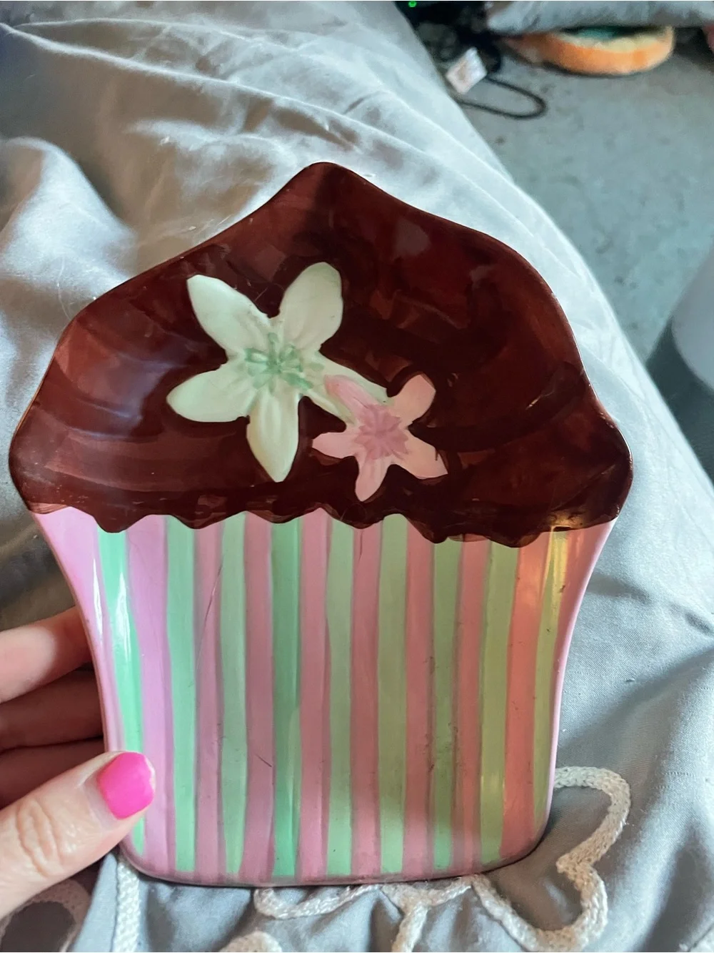 Hand-Painted Pink & Green Cupcake Trinket Dish